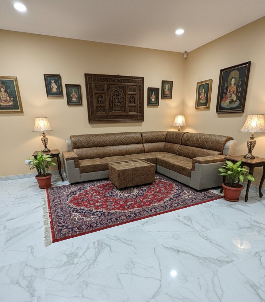 Modern Premium Brown L-Shaped Sofa Set with Ottoman (7/8 Seater)